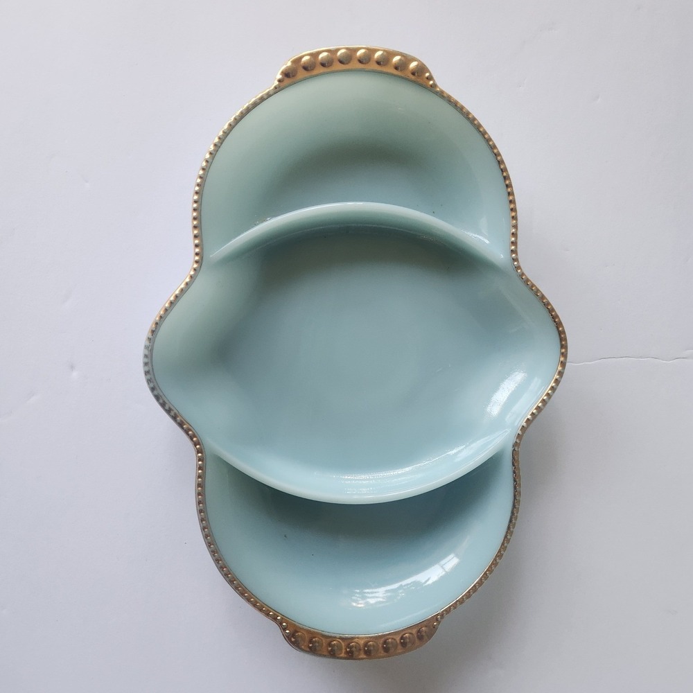 Fire King Turquoise Blue Milk Glass Divided Relish Dish Gold Trim 3 Compartment